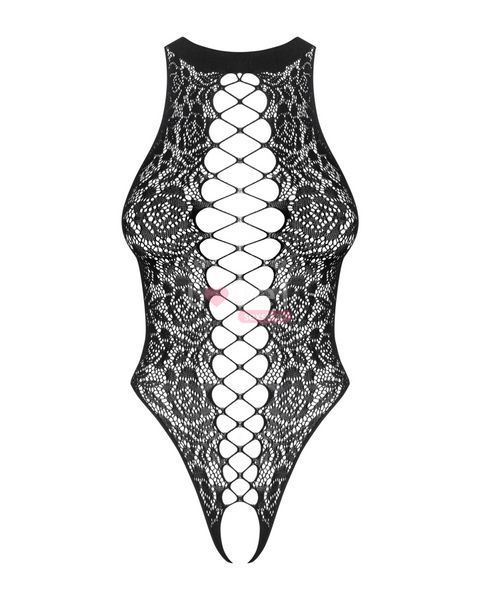 Ажурний бодістокінг із ефектом шнурівки Obsessive B129 teddy black S/M/L, чорний, з доступом SO7213 фото