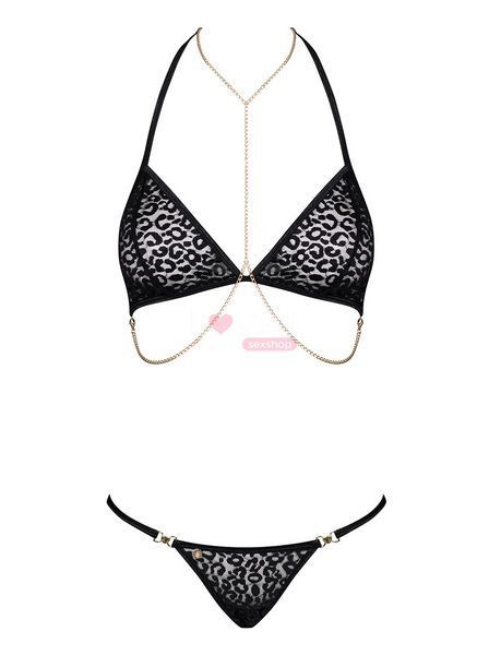 Комплект із ланцюжками Obsessive Pantheria 2-pcs set black L/XL, бюстгальтер, трусики SO7876 фото