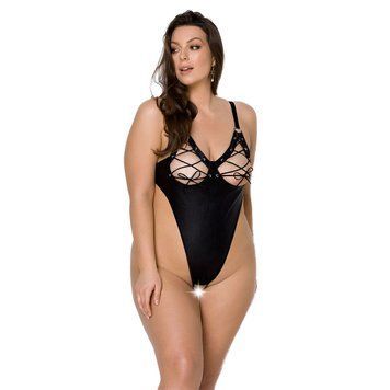 Боді з екошкіри Passion CELINE BODY 4XL/5XL black, з доступом, відкритий SO7059 фото