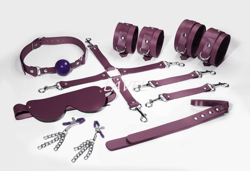 Набір Feral Feelings BDSM Kit 7 Burgundy, наручники, поножі, конектор, маска, падл, кляп, затискачі SO8278 фото