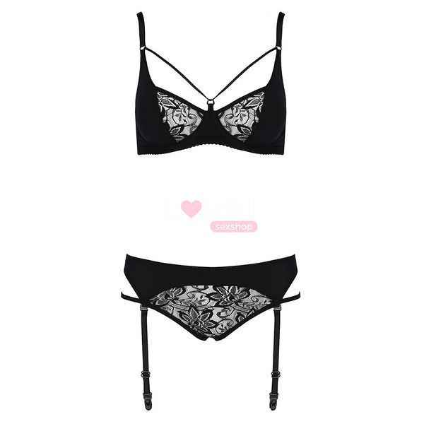 Комплект білизни Passion PAULINE SET L/XL, black, стрепи, ліф, стрінги і пояс для панчох EL15804 фото